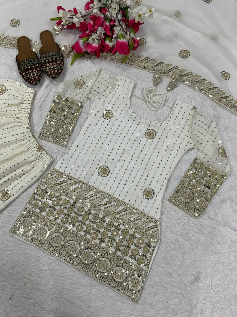 Embroidered Faux Georgette Kurti Sharara Set