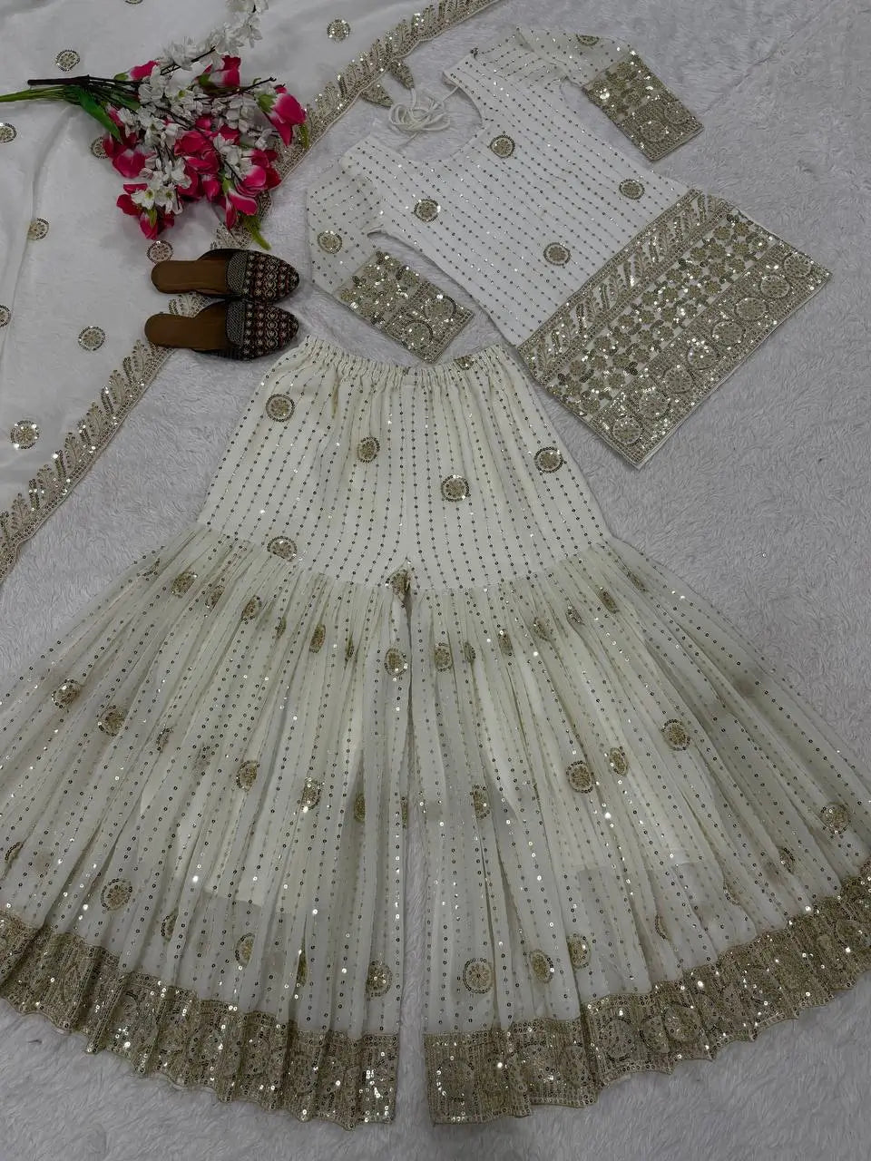 Embroidered Faux Georgette Kurti Sharara Set