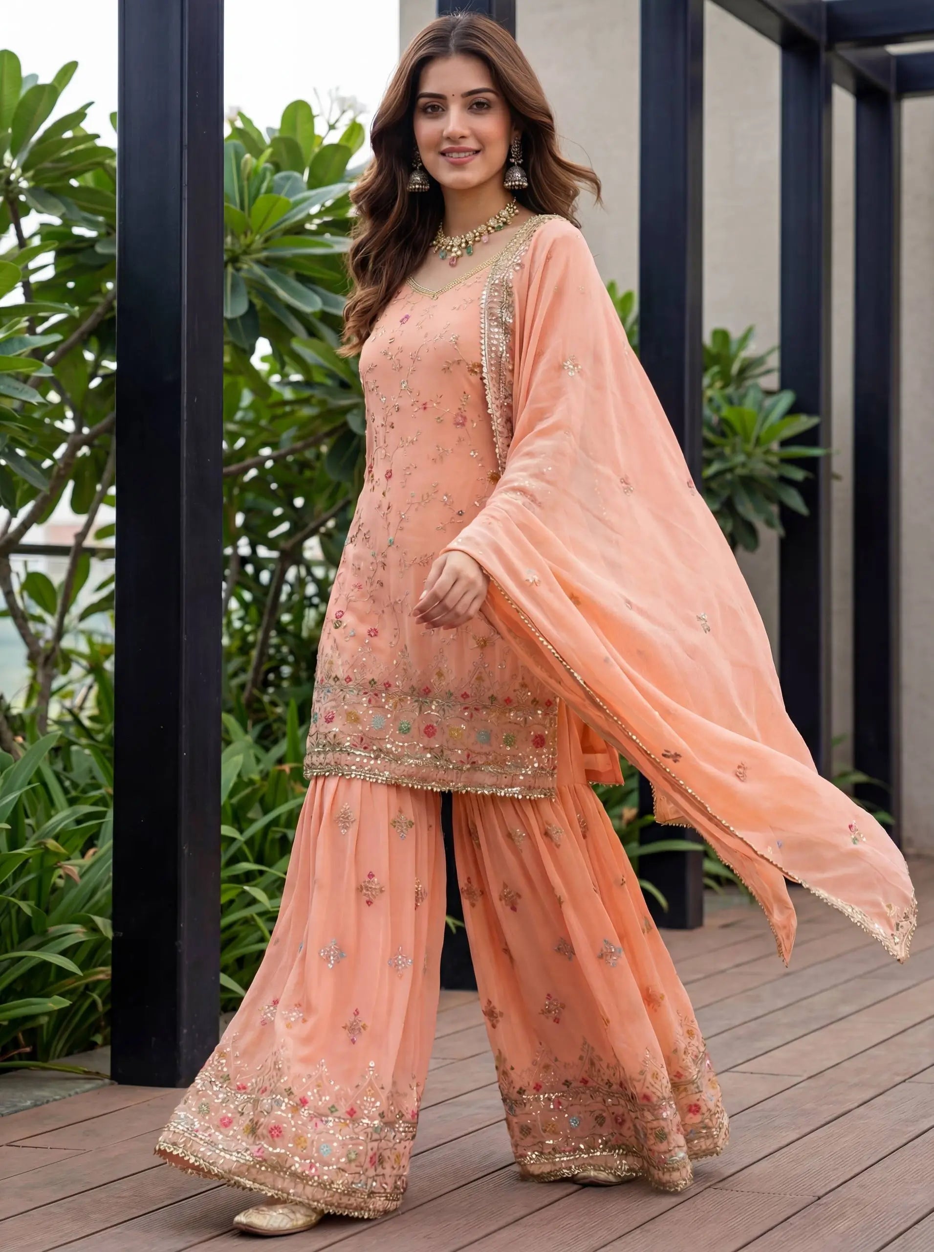 Embroidered Faux Georgette Kurti Sharara Set