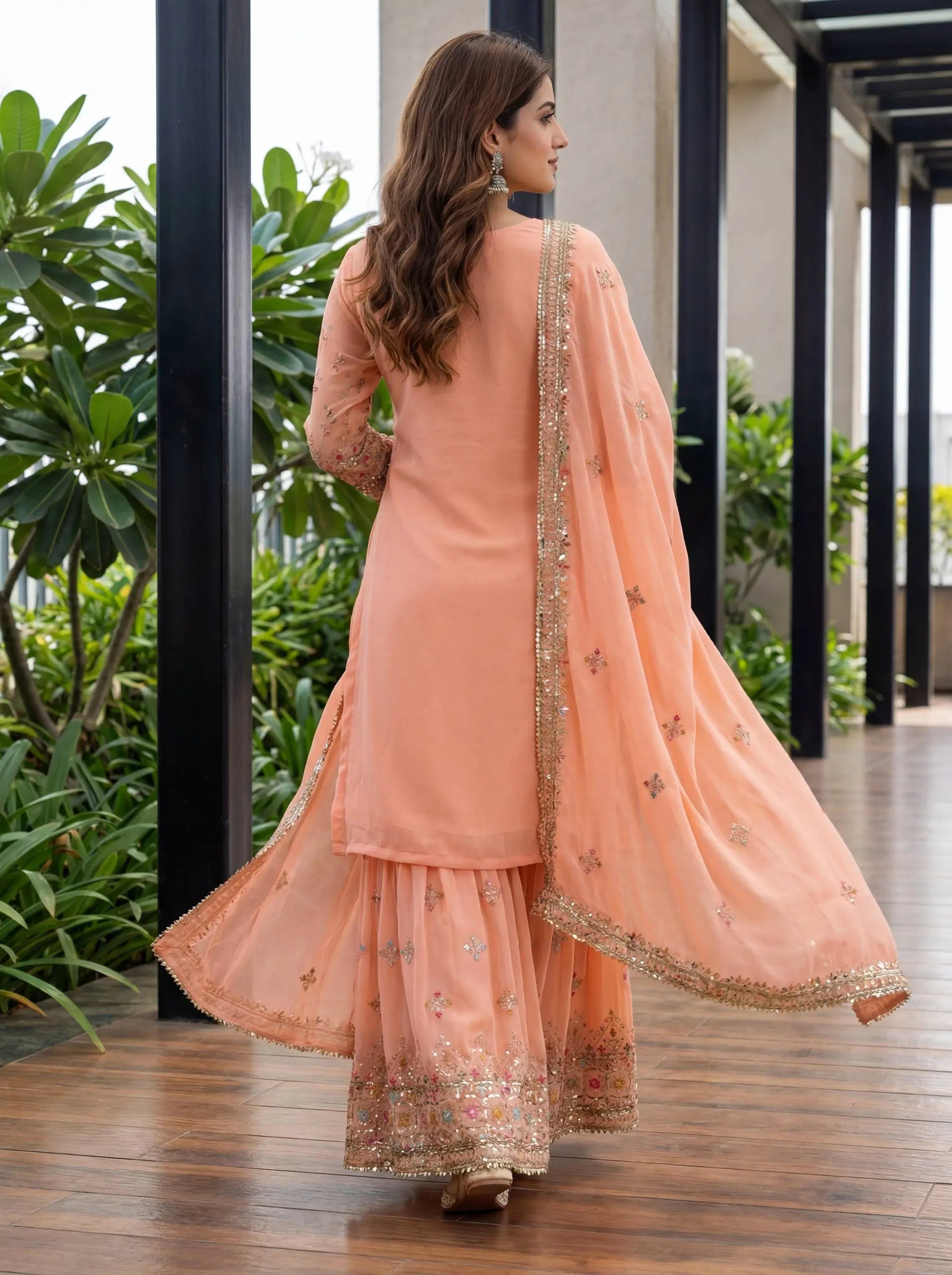 Embroidered Faux Georgette Kurti Sharara Set