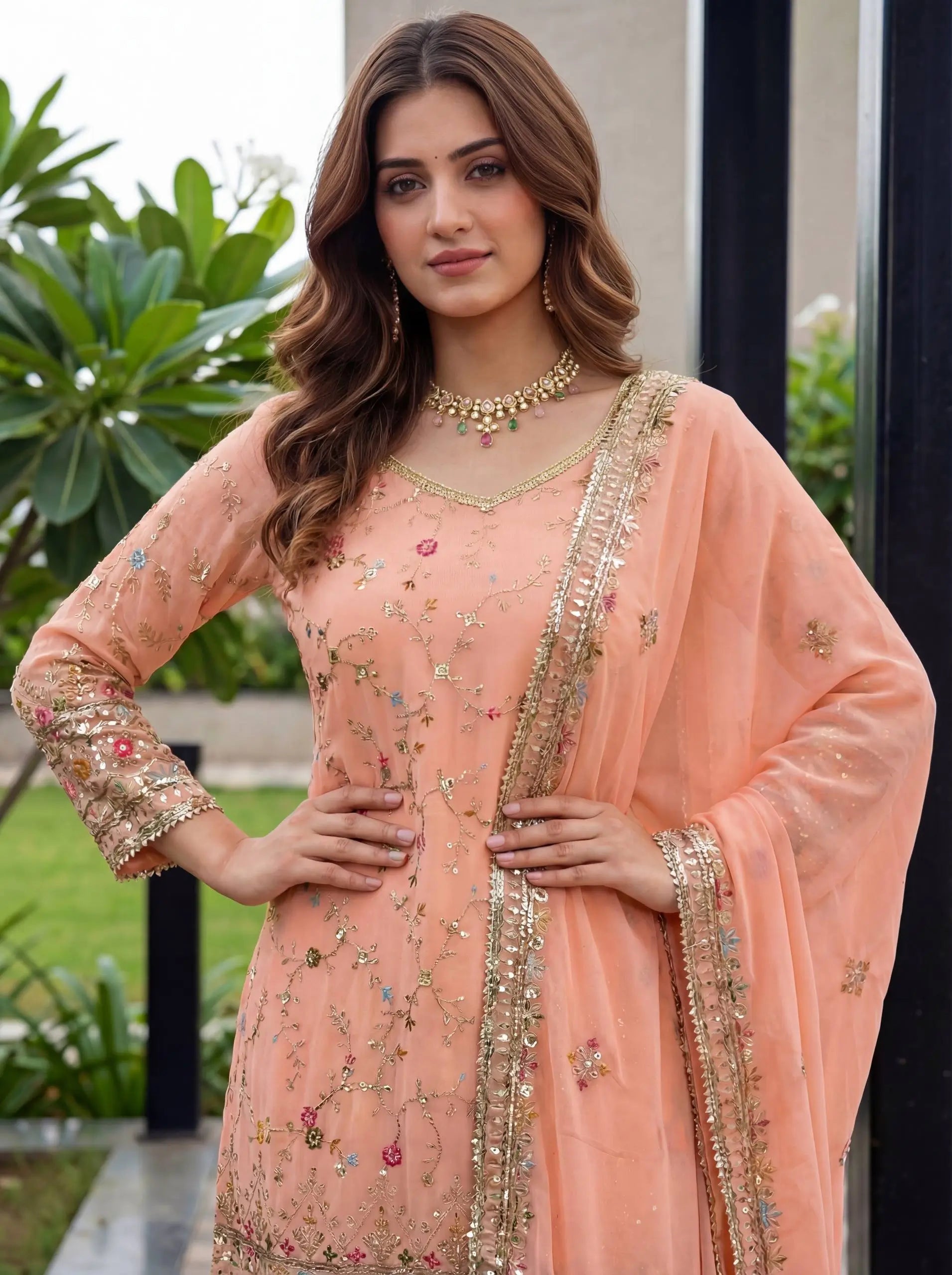 Embroidered Faux Georgette Kurti Sharara Set