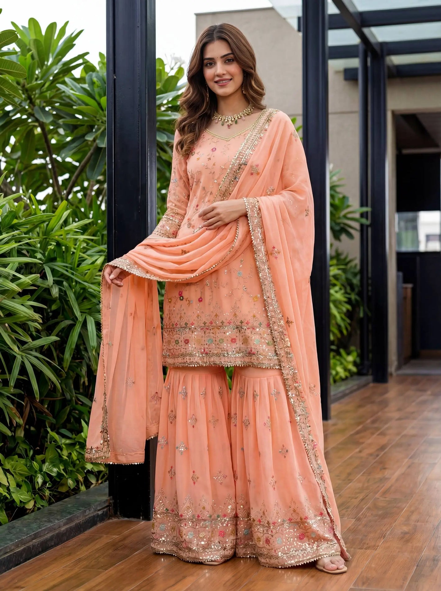 Embroidered Faux Georgette Kurti Sharara Set