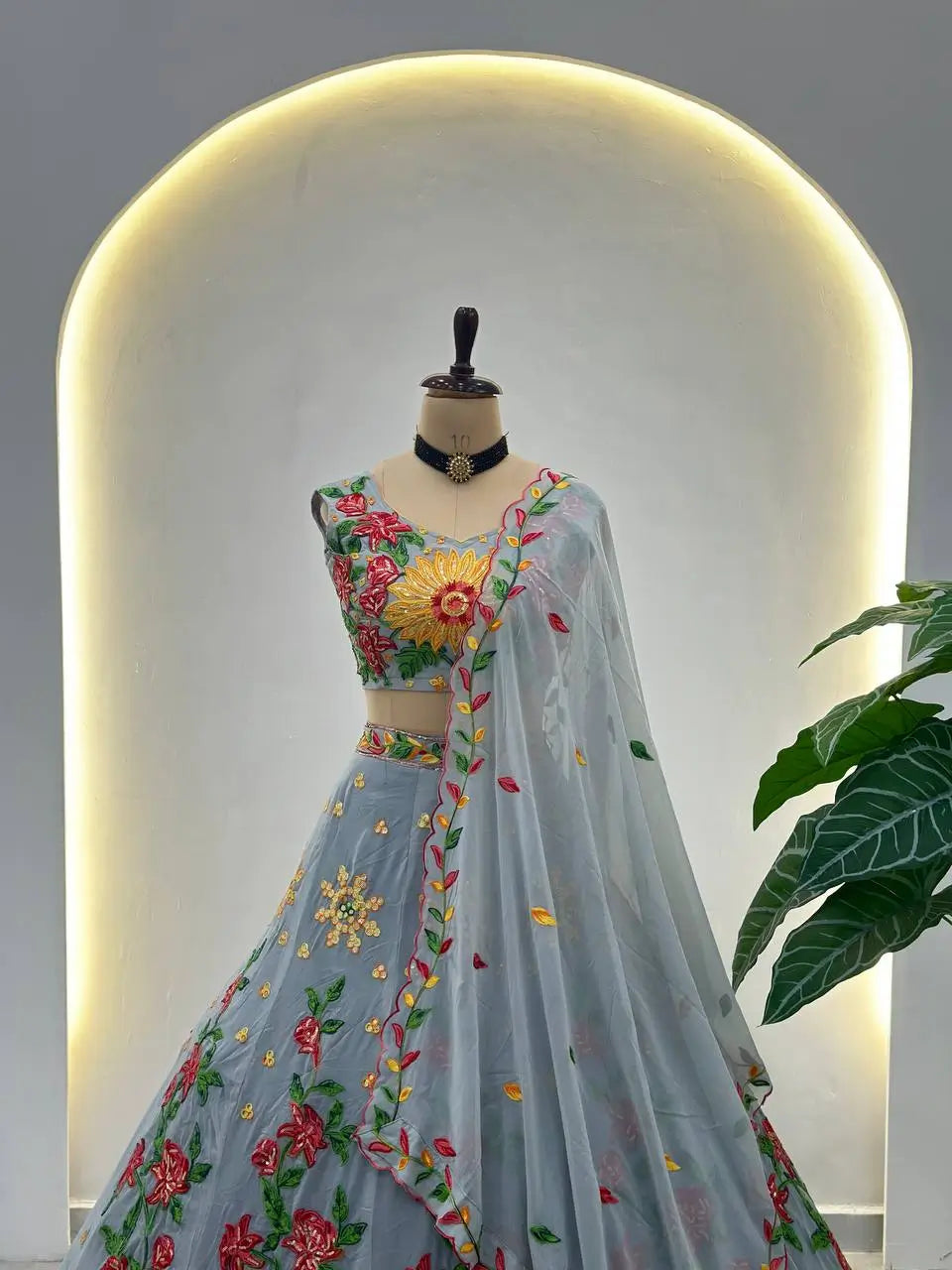 Embroidered Faux Georgette Lehenga Set