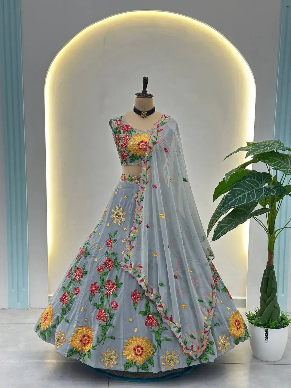 Embroidered Faux Georgette Lehenga Set