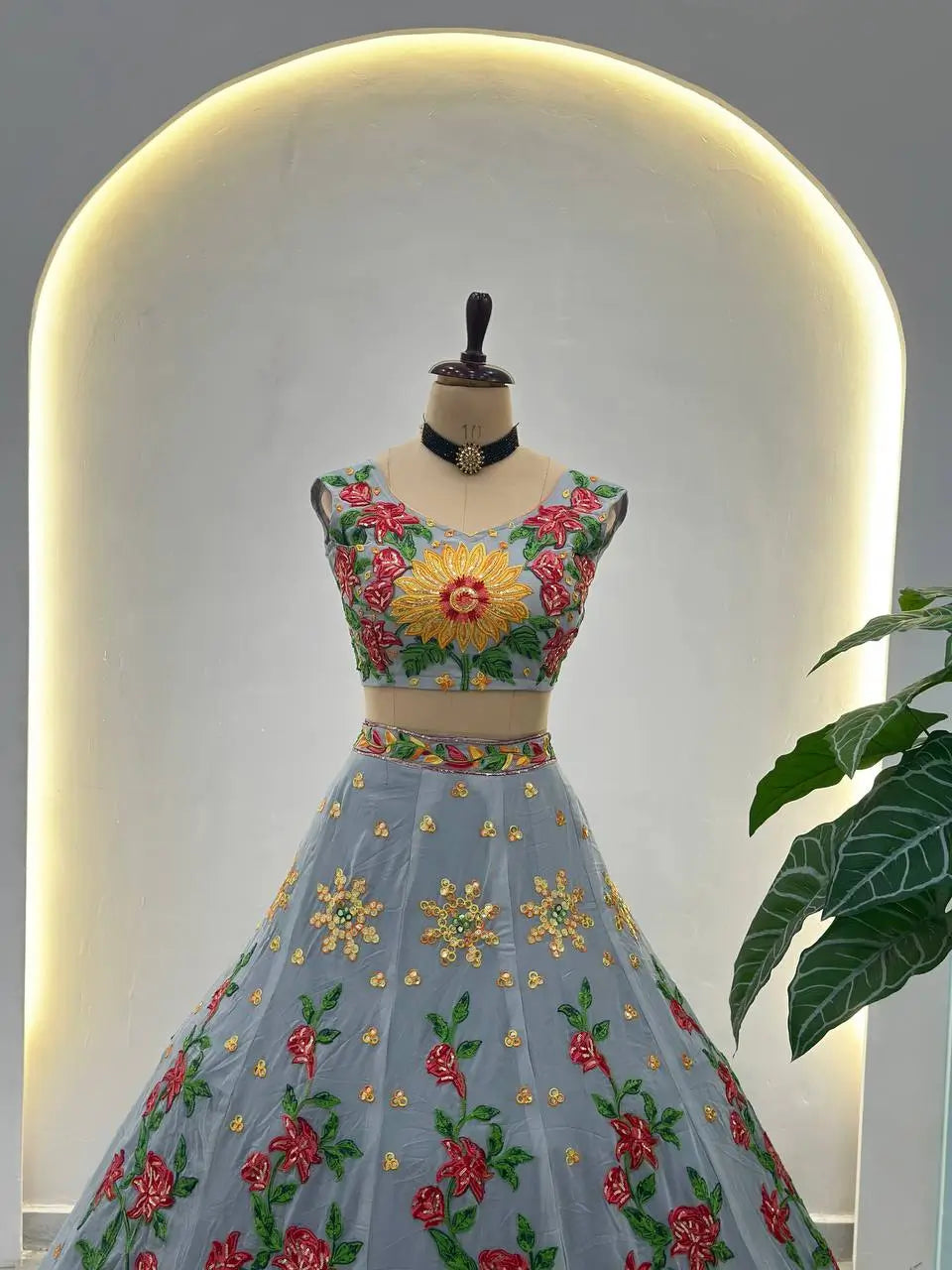 Embroidered Faux Georgette Lehenga Set
