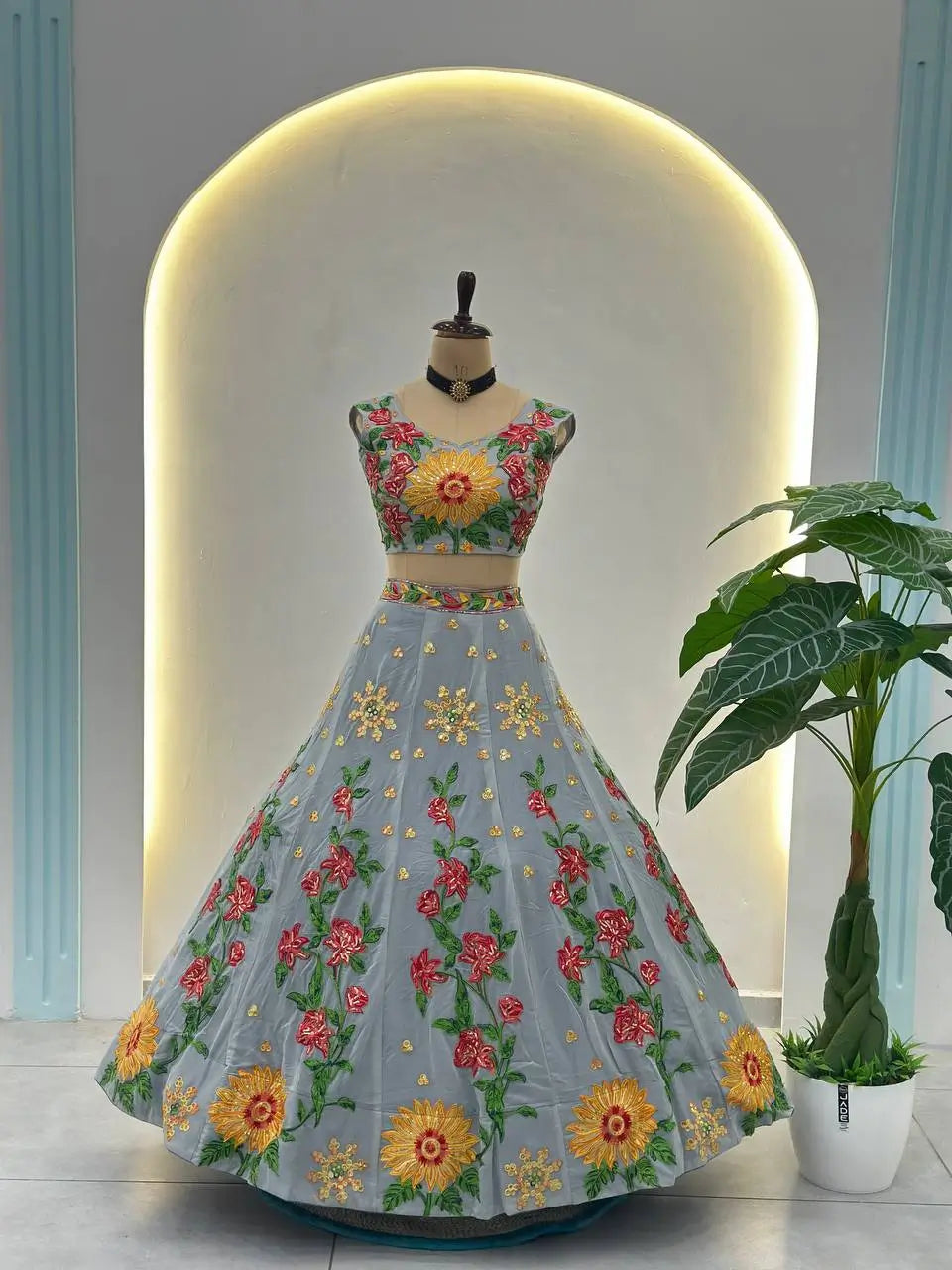 Embroidered Faux Georgette Lehenga Set