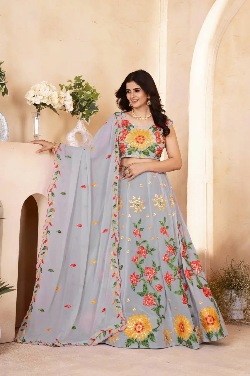 Embroidered Faux Georgette Lehenga Set