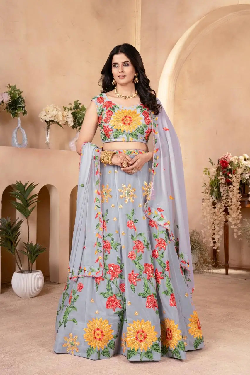 Embroidered Faux Georgette Lehenga Set