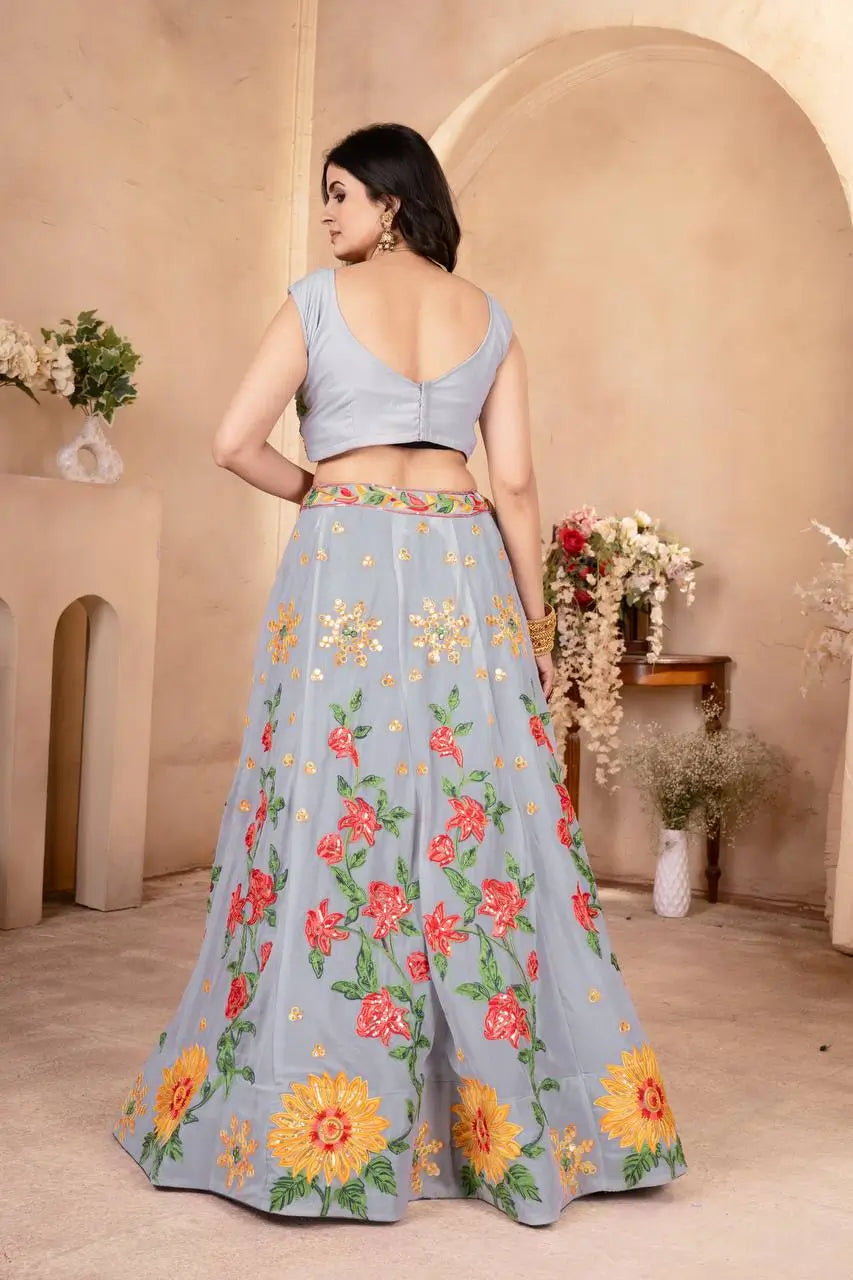 Embroidered Faux Georgette Lehenga Set