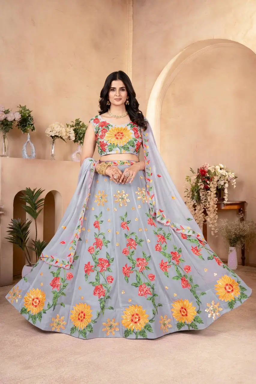 Embroidered Faux Georgette Lehenga Set