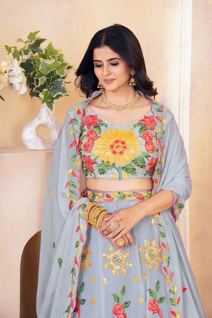 Embroidered Faux Georgette Lehenga Set