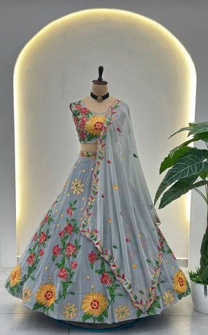 Embroidered Faux Georgette Lehenga Set