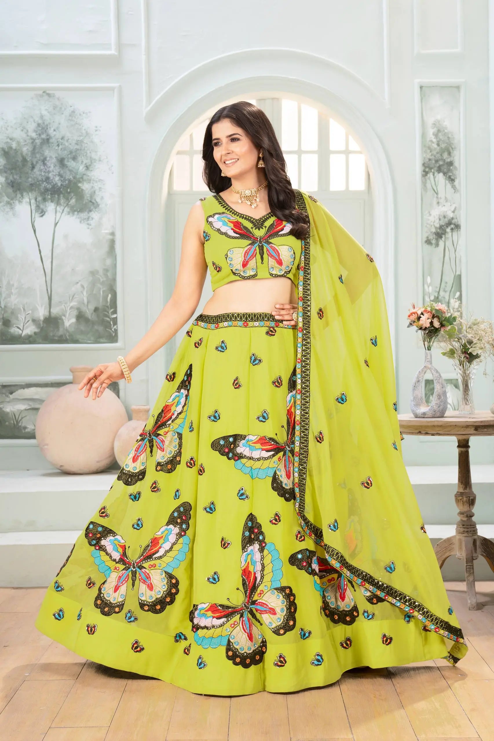 Embroidered Faux Georgette Lehenga Set