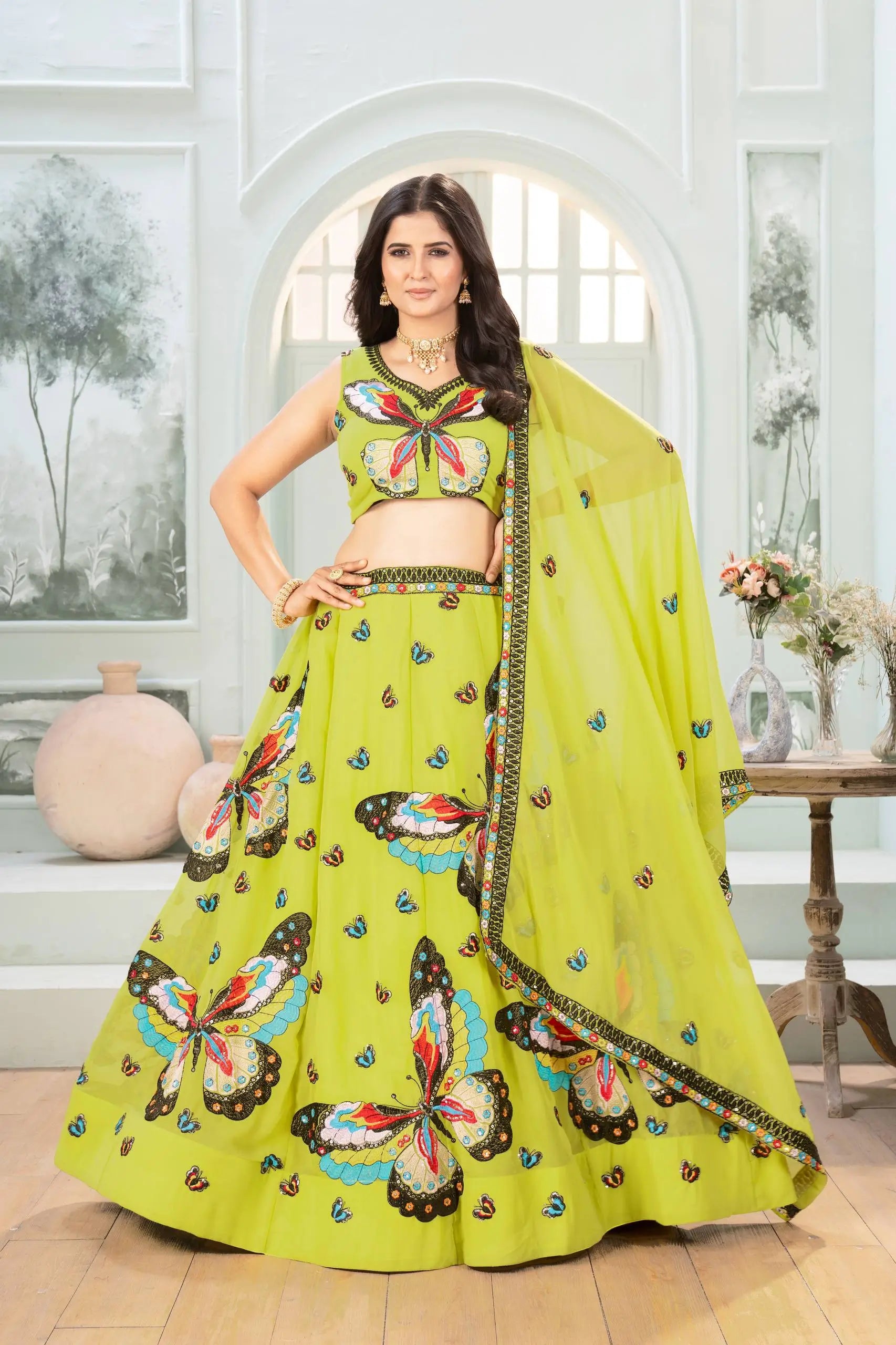 Embroidered Faux Georgette Lehenga Set