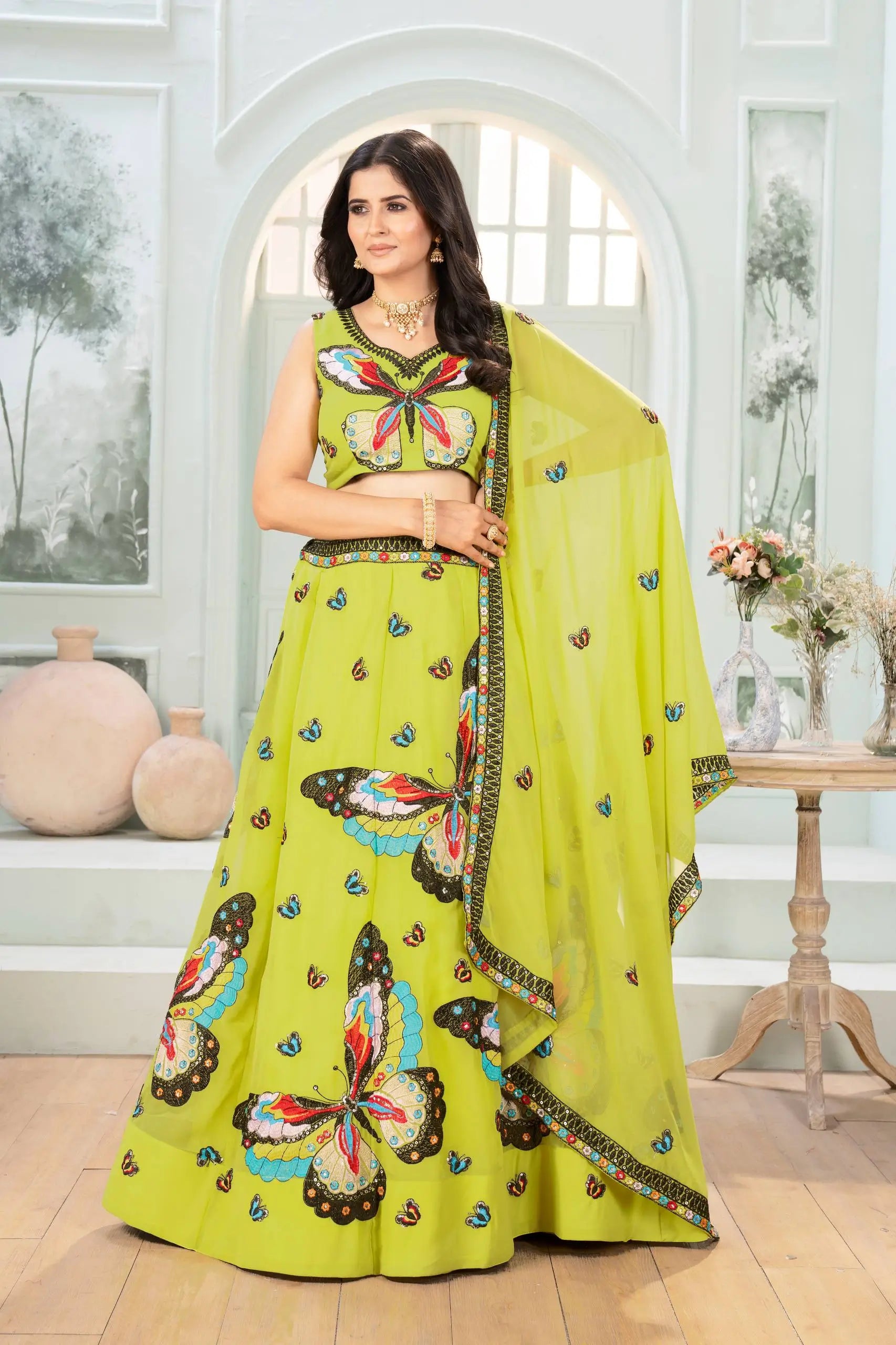 Embroidered Faux Georgette Lehenga Set