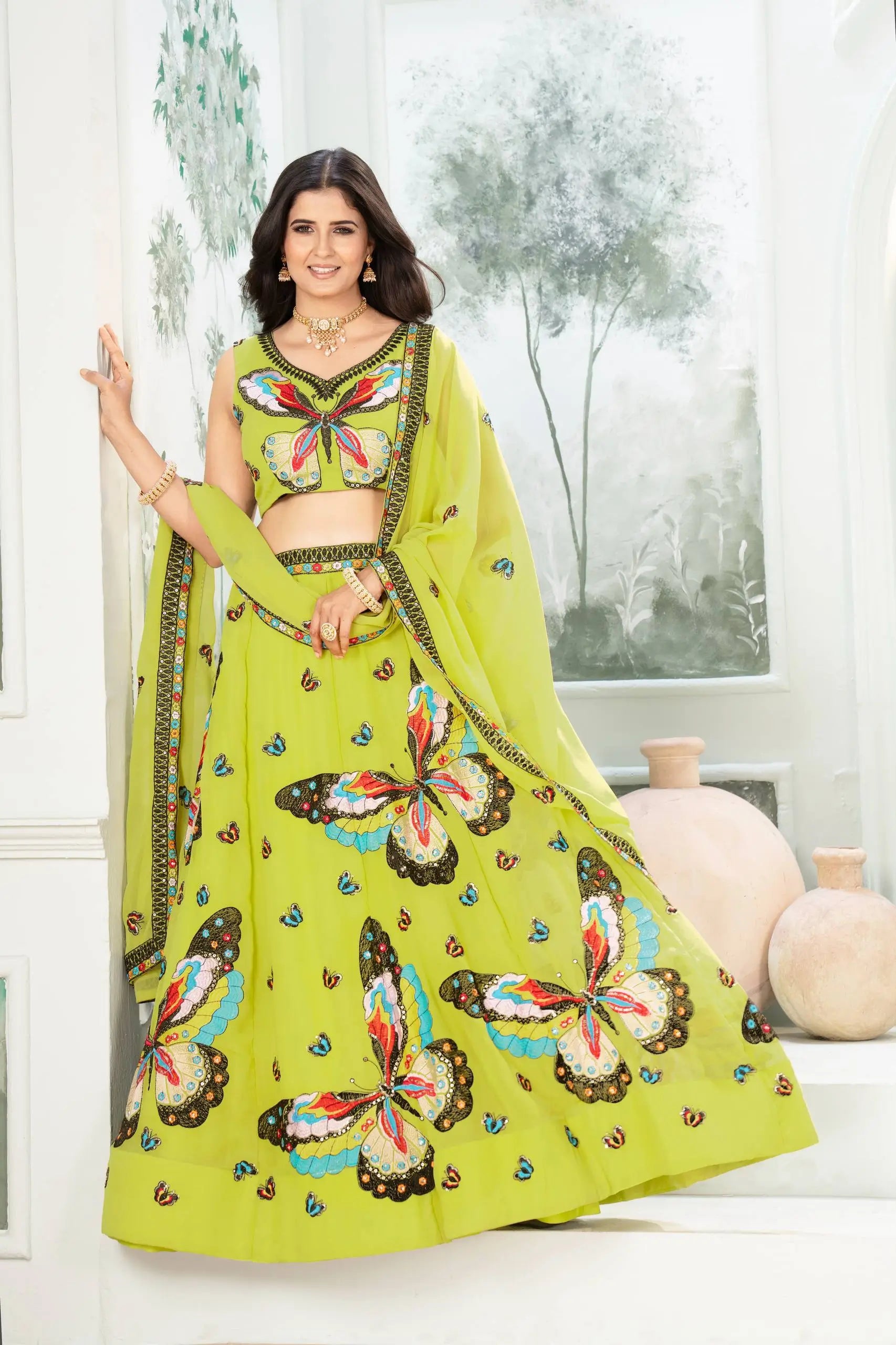 Embroidered Faux Georgette Lehenga Set