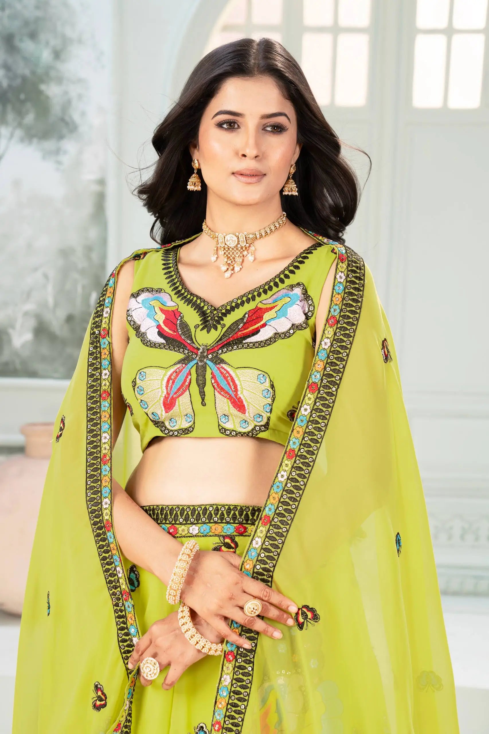 Embroidered Faux Georgette Lehenga Set