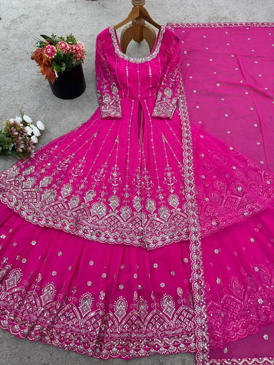 Embroidered Faux Georgette Lehenga Set