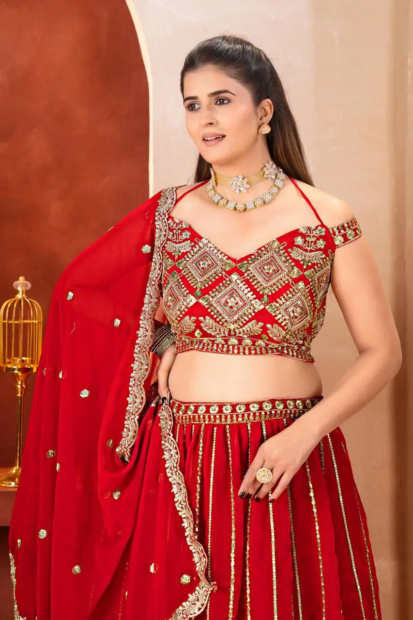 Embroidered Faux Georgette Lehenga Set