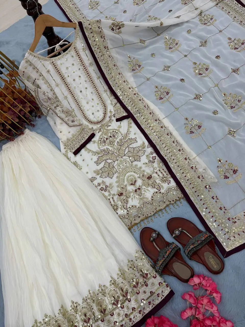 Embroidered Faux Georgette Palazzo Suit