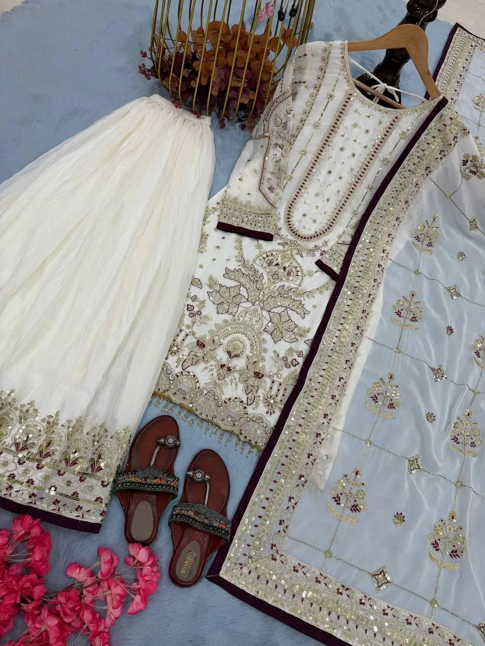 Embroidered Faux Georgette Palazzo Suit