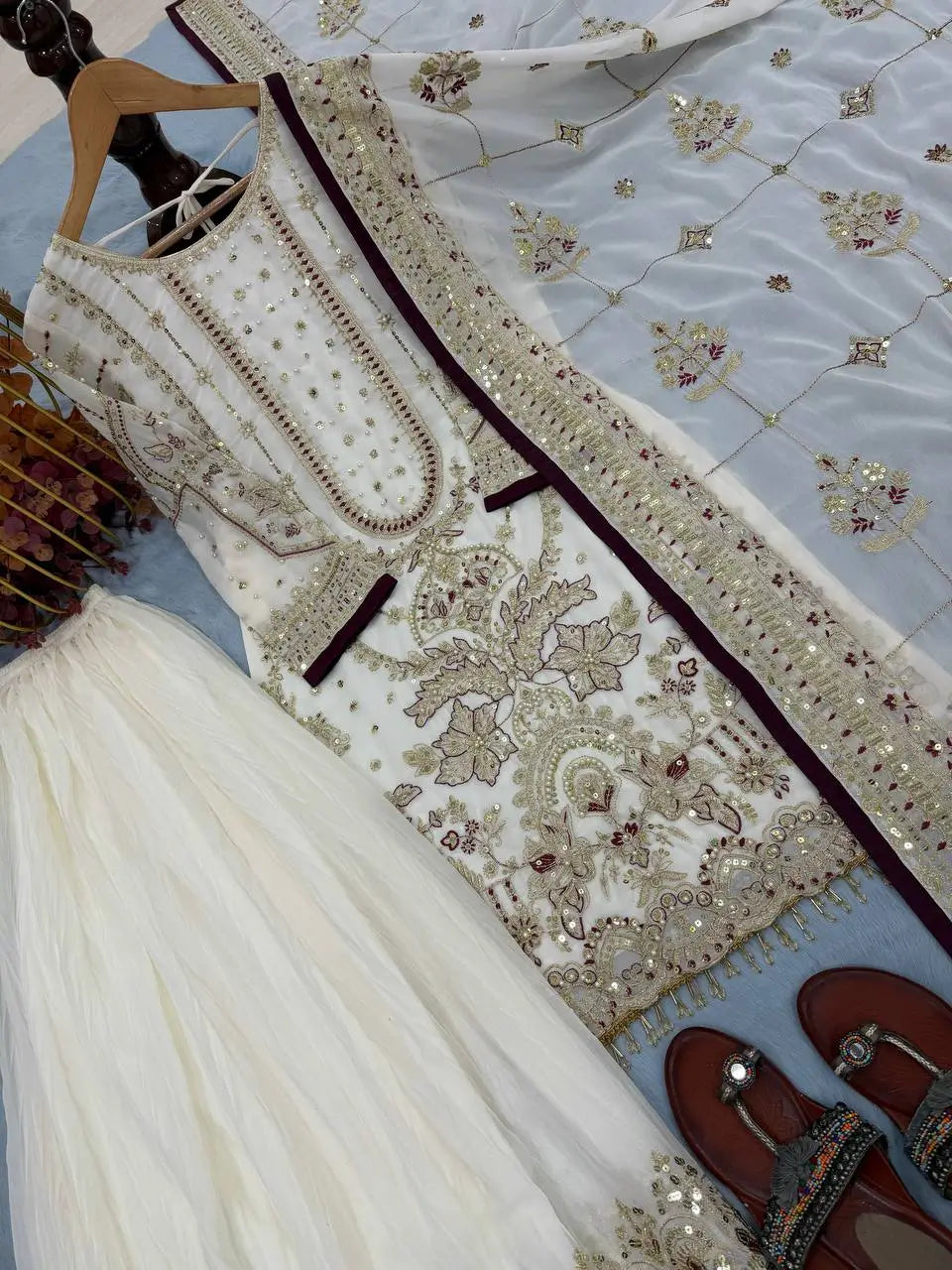 Embroidered Faux Georgette Palazzo Suit