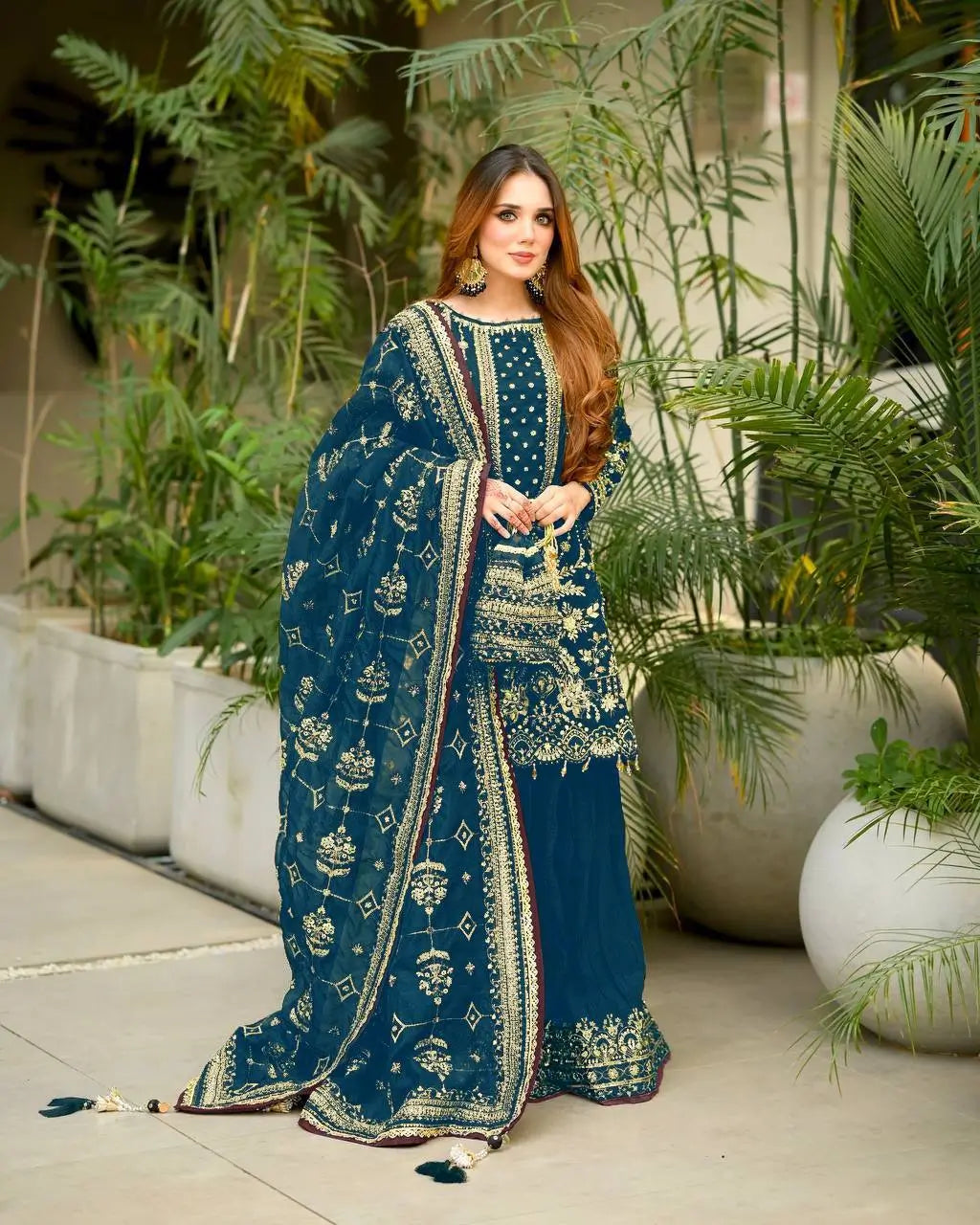 Embroidered Faux Georgette Palazzo Suit