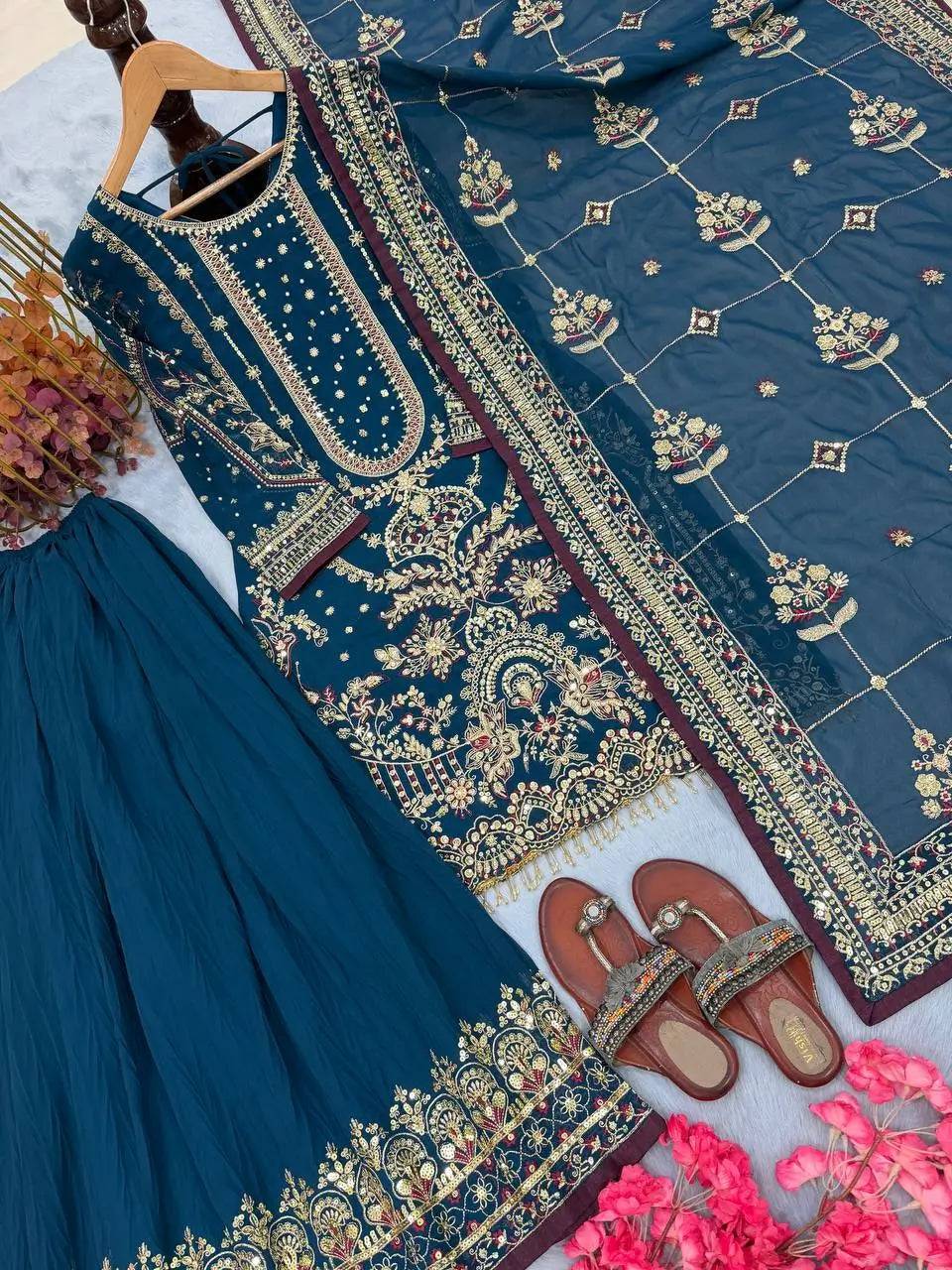 Embroidered Faux Georgette Palazzo Suit