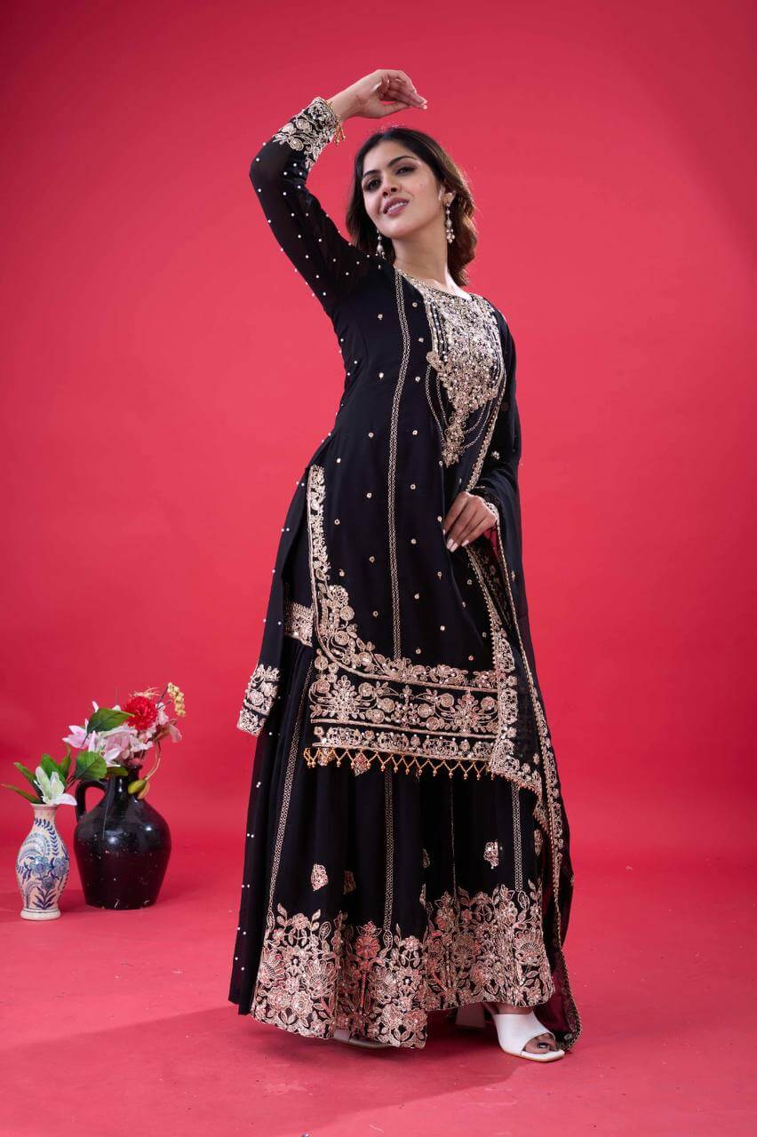 Embroidered Faux Georgette Palazzo Suit Set