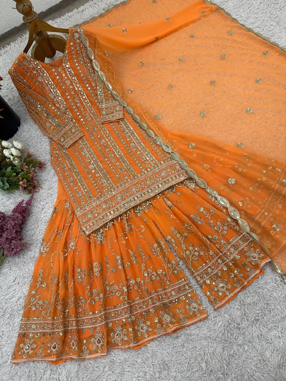 Embroidered Faux Georgette Palazzo Suit Set