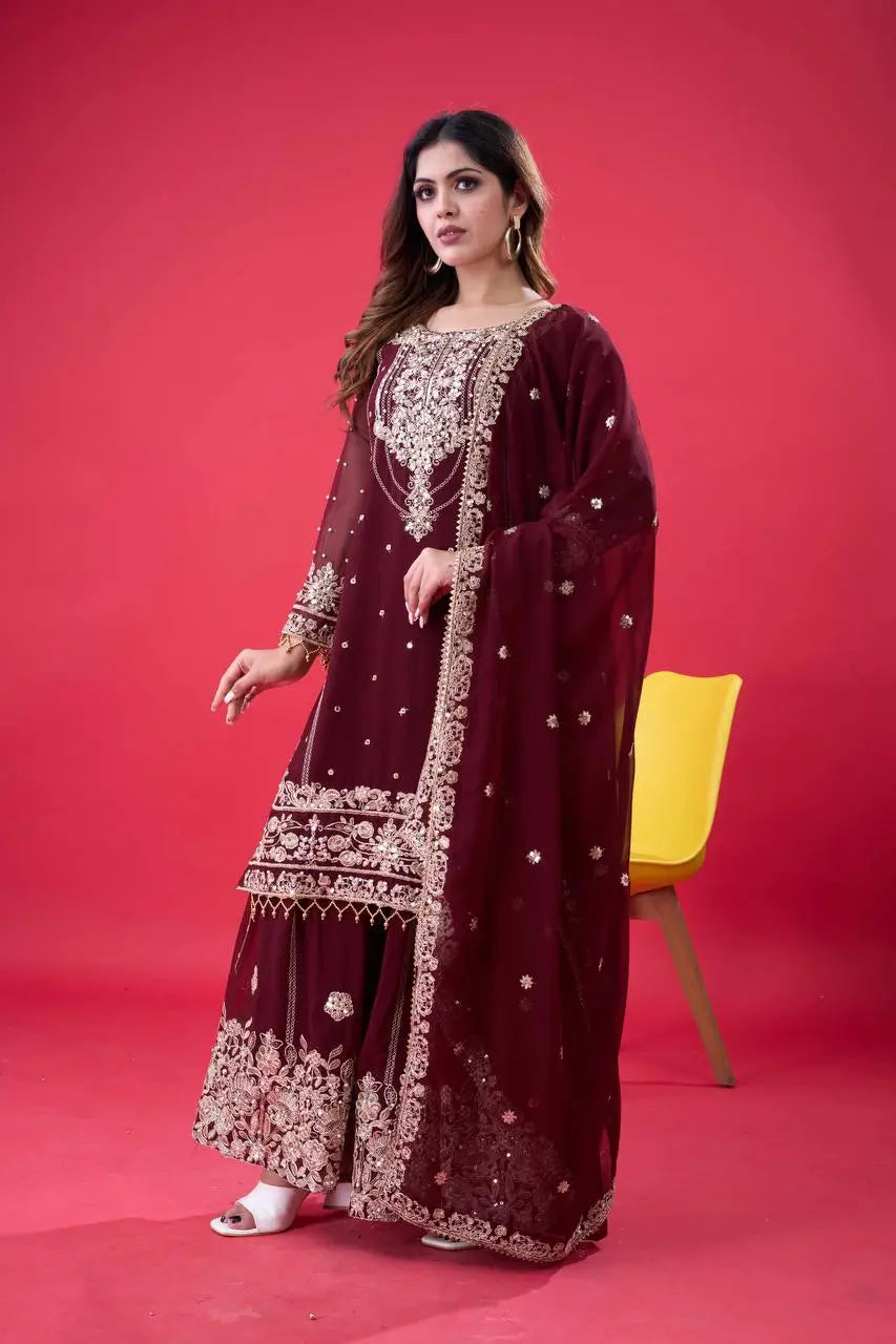 Embroidered Faux Georgette Palazzo Suit Set