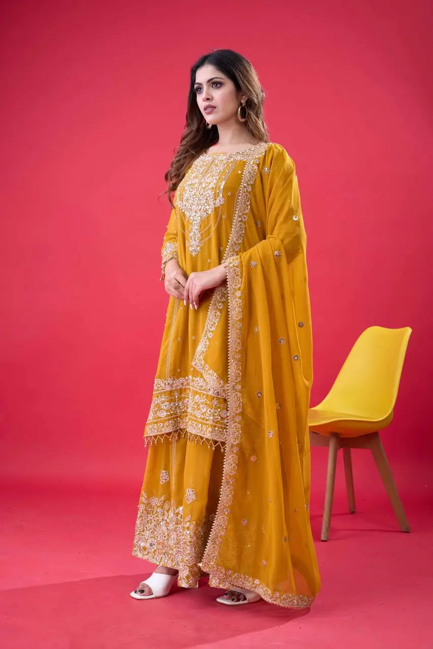 Embroidered Faux Georgette Palazzo Suit Set