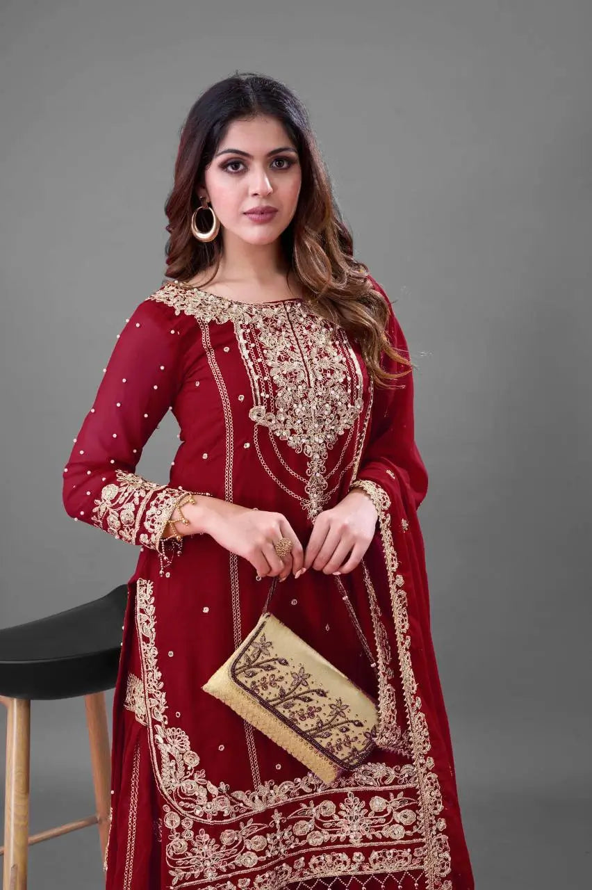 Embroidered Faux Georgette Palazzo Suit Set