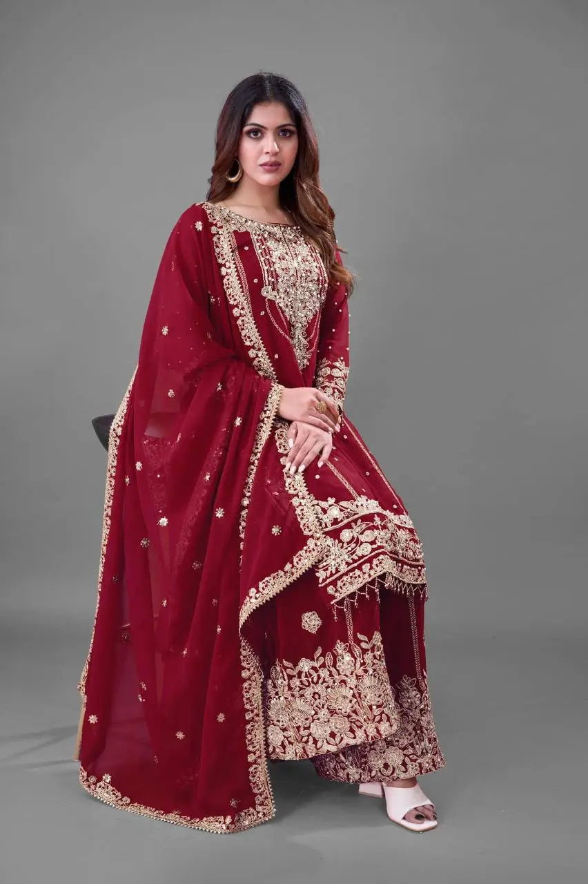Embroidered Faux Georgette Palazzo Suit Set