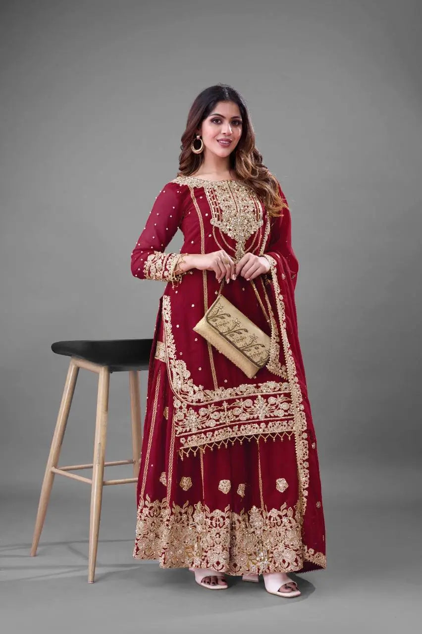 Embroidered Faux Georgette Palazzo Suit Set