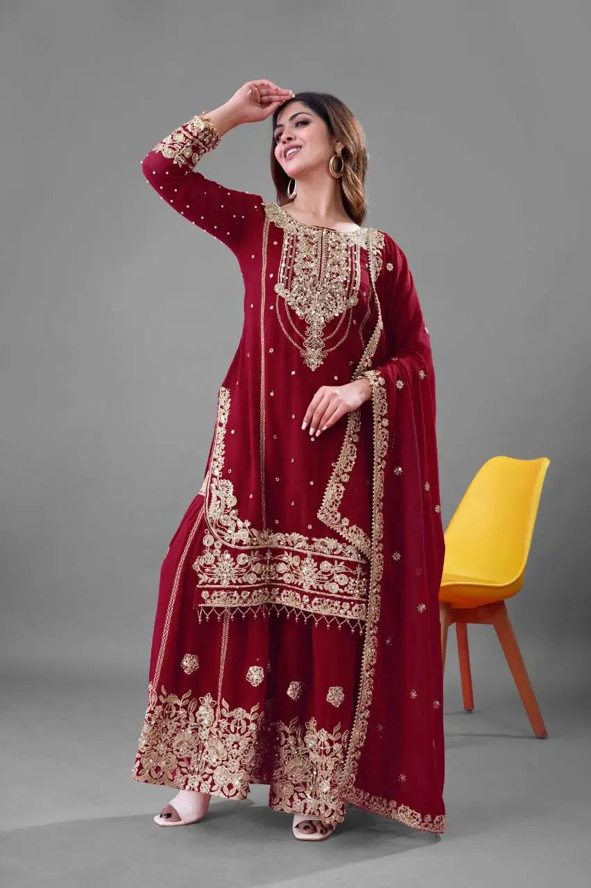 Embroidered Faux Georgette Palazzo Suit Set