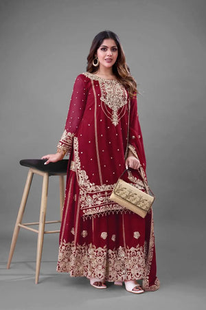 Embroidered Faux Georgette Palazzo Suit Set