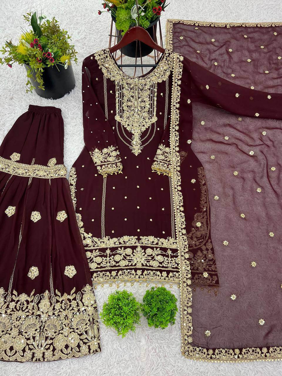 Embroidered Faux Georgette Palazzo Suit Set