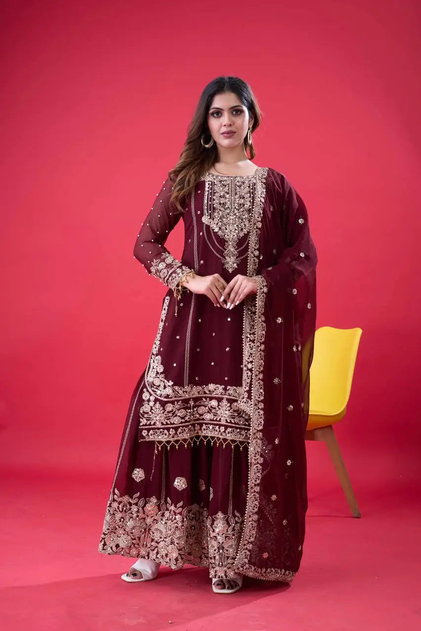 Embroidered Faux Georgette Palazzo Suit Set