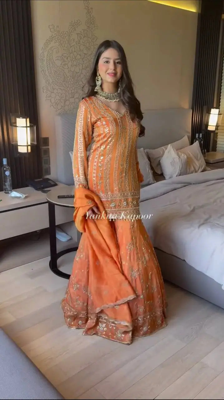 Embroidered Faux Georgette Palazzo Suit Set