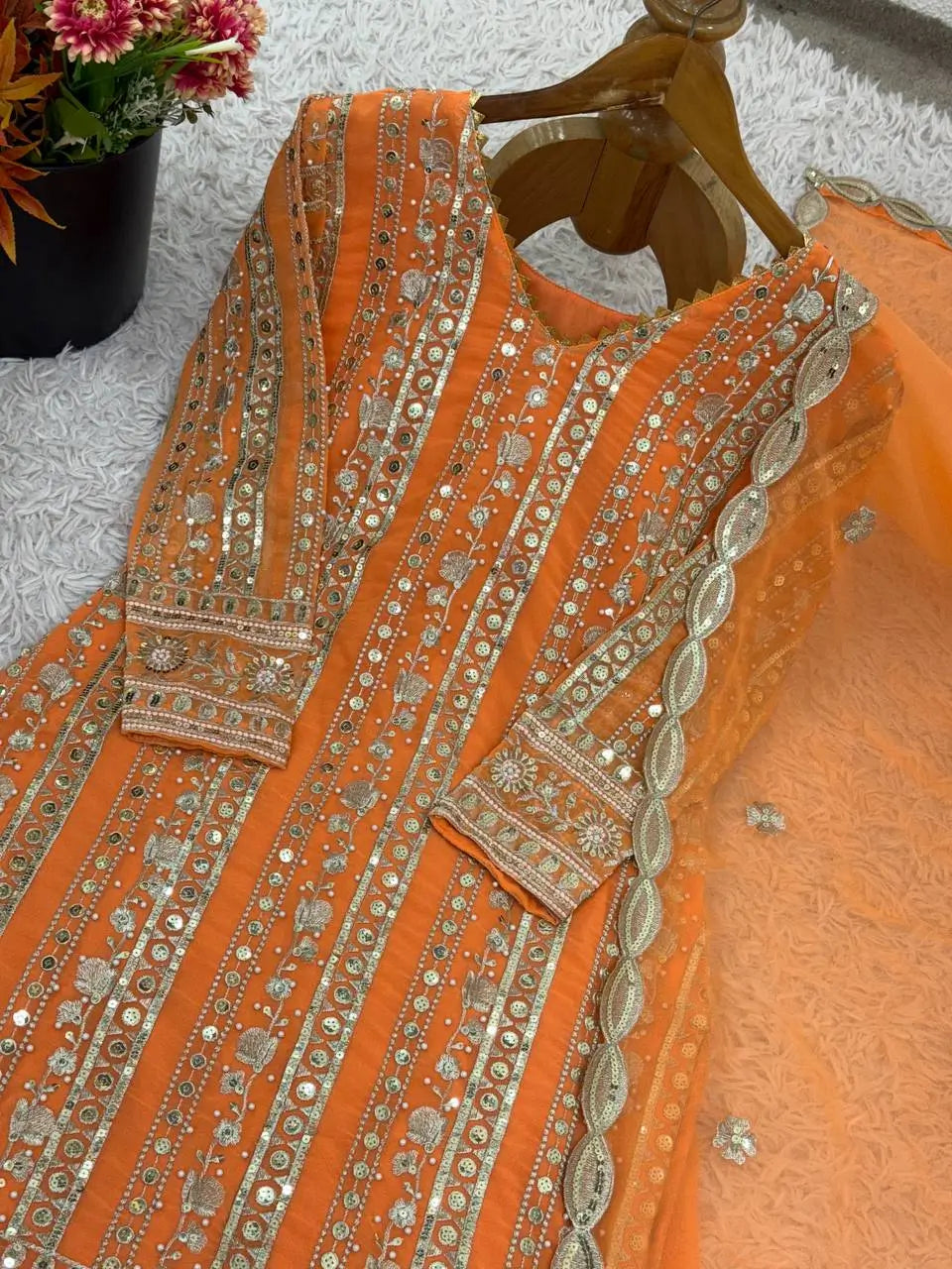 Embroidered Faux Georgette Palazzo Suit Set