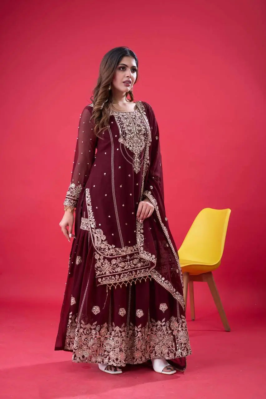 Embroidered Faux Georgette Palazzo Suit Set