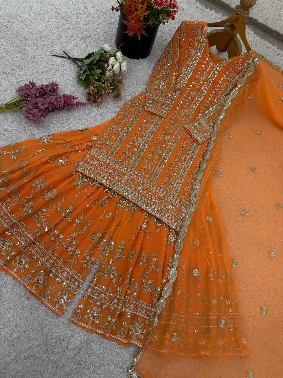 Embroidered Faux Georgette Palazzo Suit Set