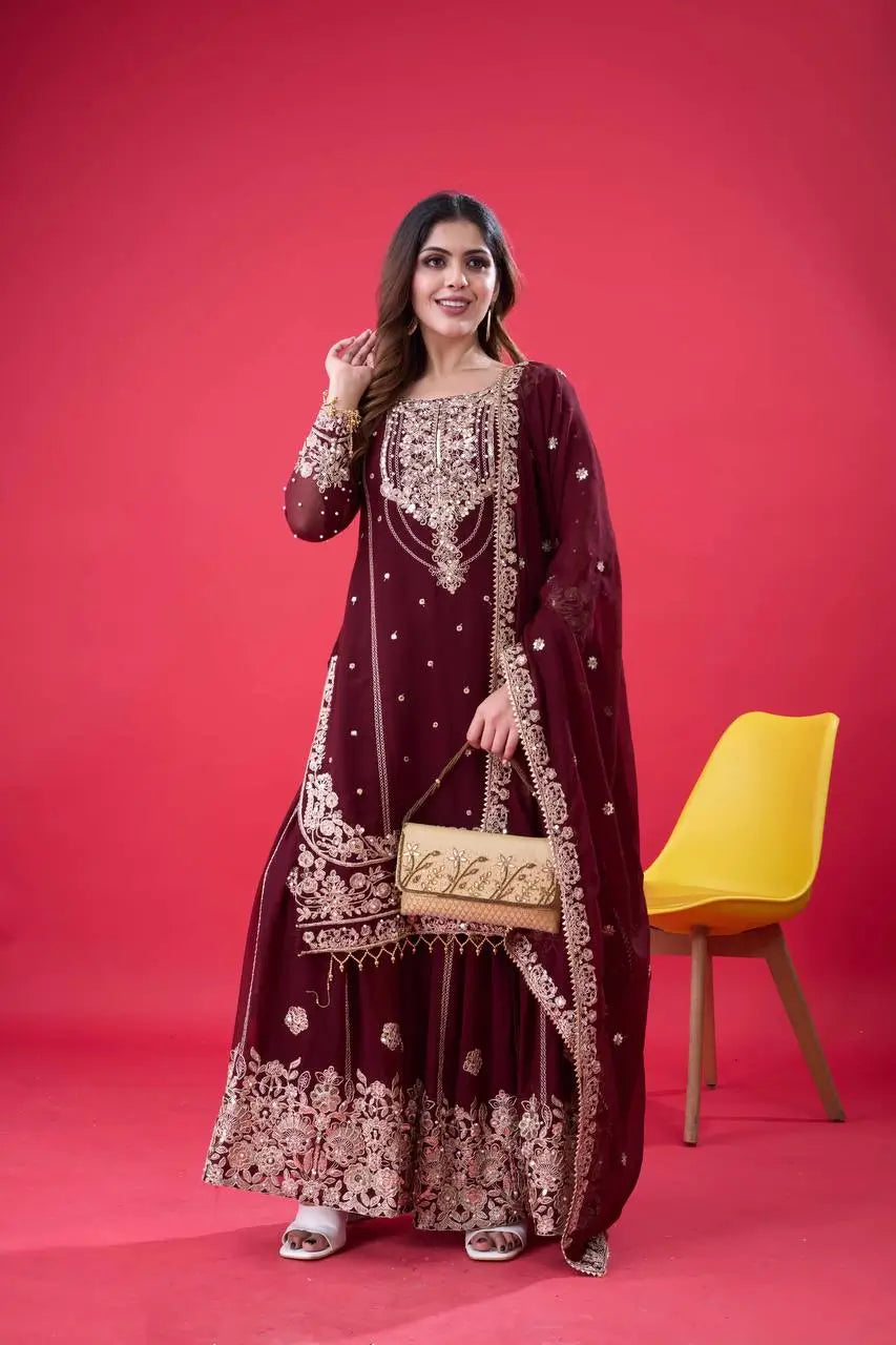 Embroidered Faux Georgette Palazzo Suit Set