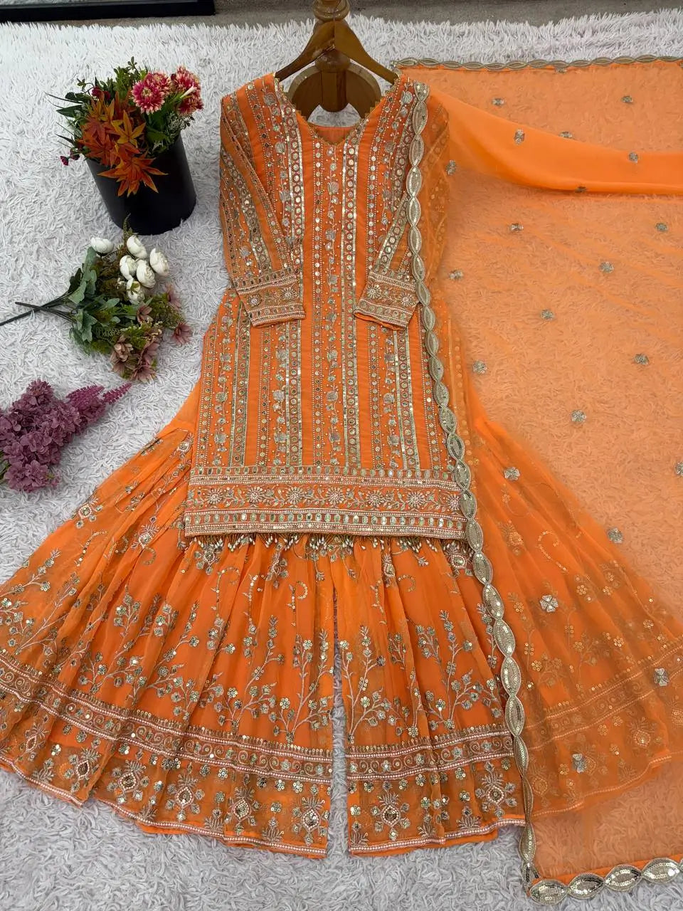 Embroidered Faux Georgette Palazzo Suit Set