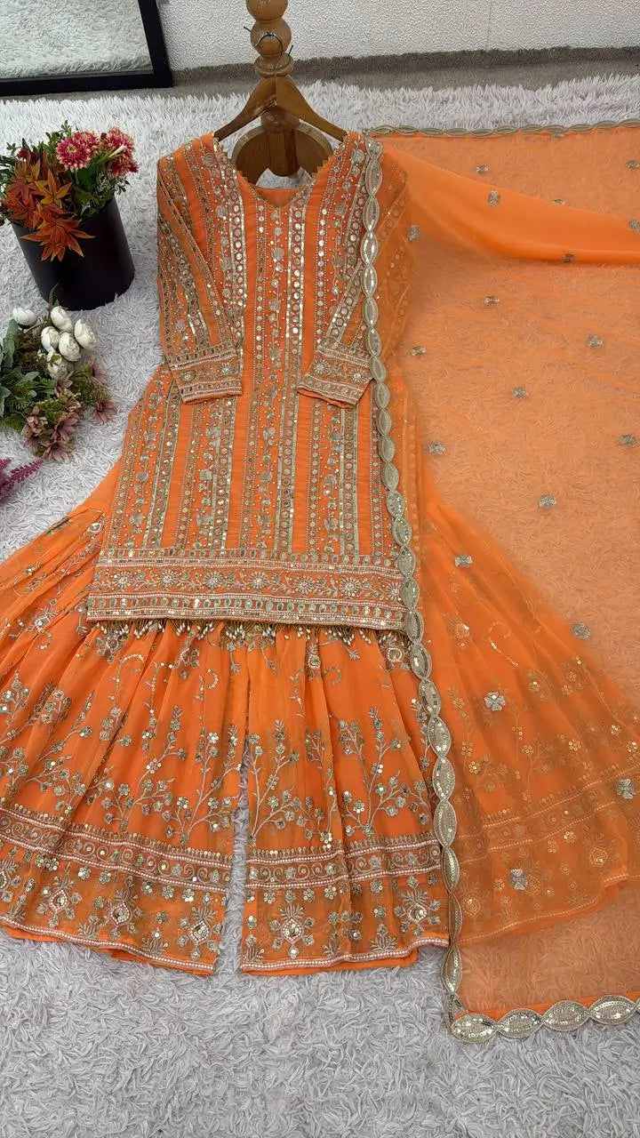 Embroidered Faux Georgette Palazzo Suit Set