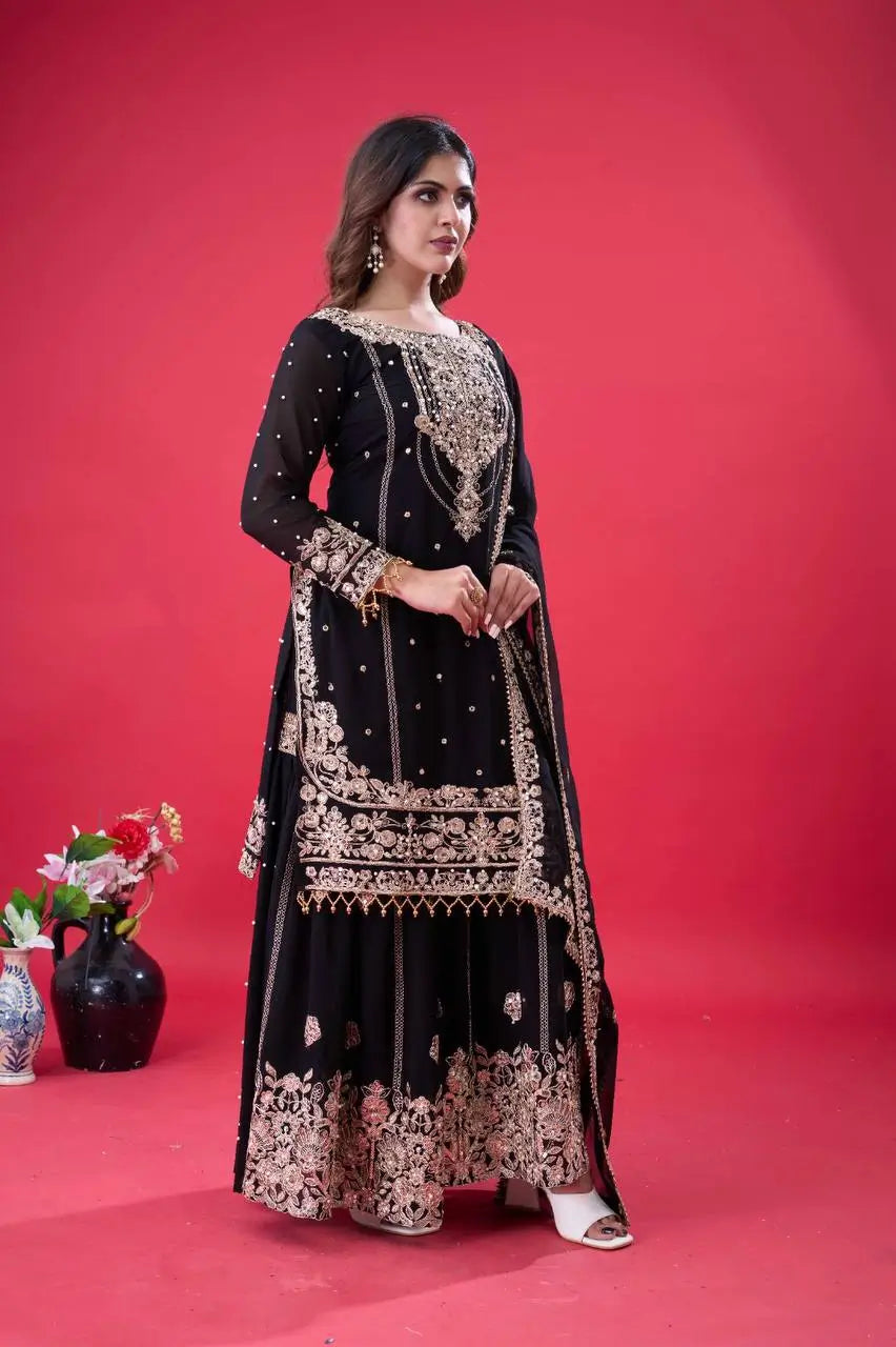 Embroidered Faux Georgette Palazzo Suit Set