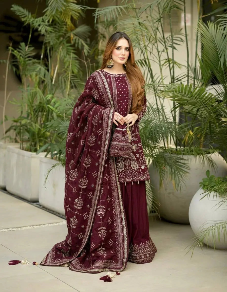 Embroidered Faux Georgette Palazzo Suit