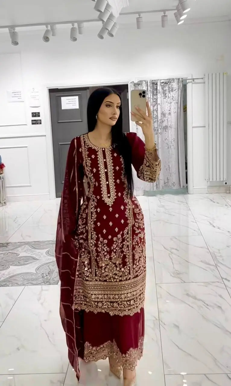 Embroidered Faux Georgette Pant Suit Set