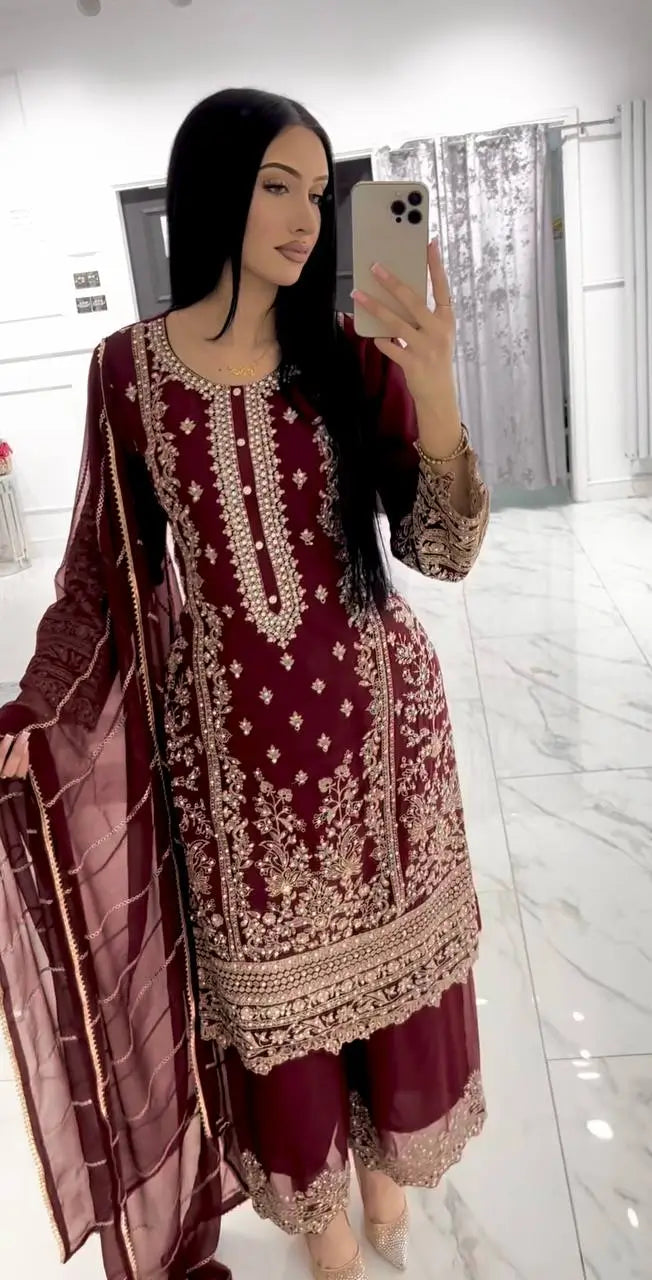 Embroidered Faux Georgette Pant Suit Set